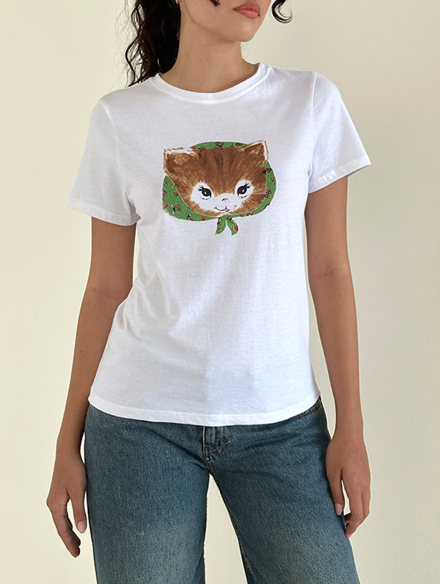 Kitty Print White Tee