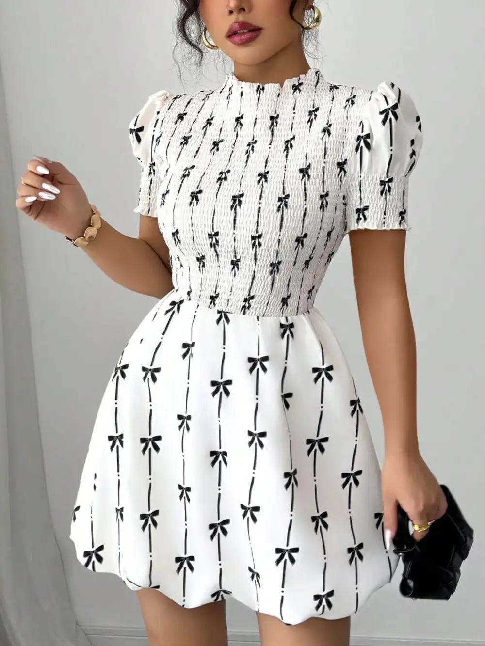 Wearable Cut Printed Smocked Short Sleeve Dress