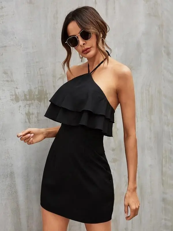 Women Solid Tiered Layer Tie Back Halter Dress