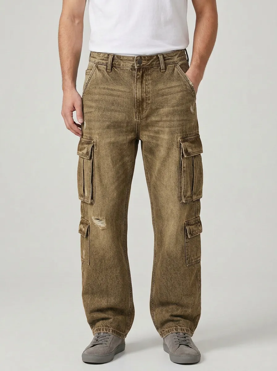 Men's Mid-Blue Multi-Pocket Straight-Leg Denim Cargo Pants