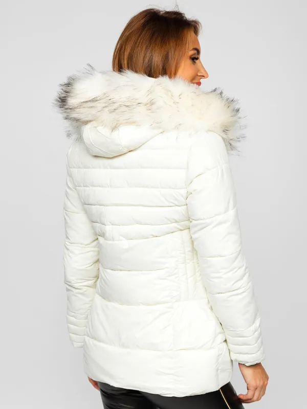 White women's quilted winter jacket with hood