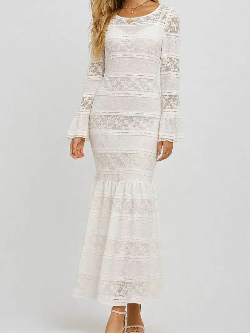 Lace Round Neck Flared Sleeves Bodycon Maxi Dress