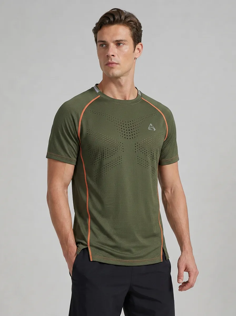Men's Athletic Fitness Olive Green Perforated Breathable T-shirt