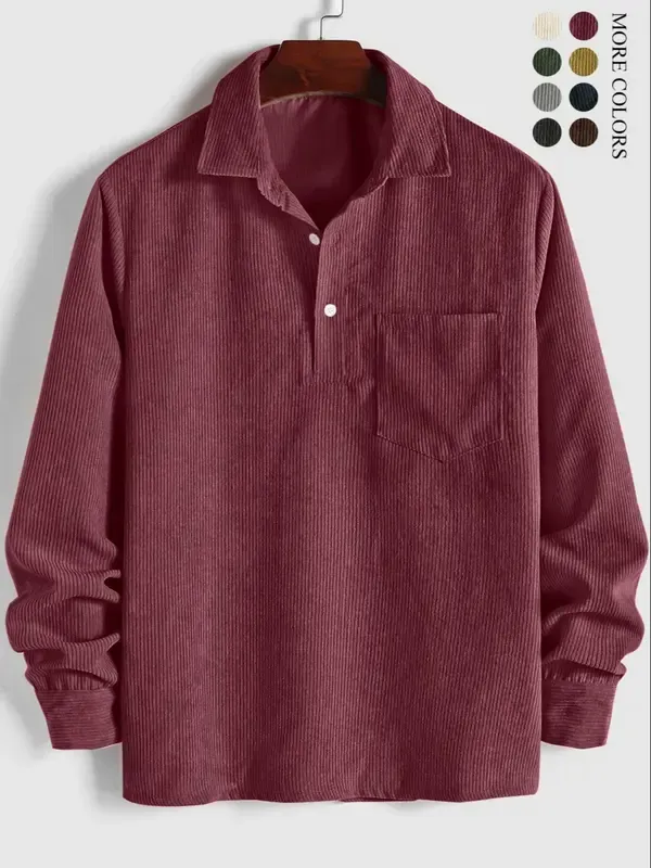 🔥Last Day 49% Offer-Men's Plain Pocket Half Button Corduroy Shirt, Casual Comfy Regular Fit Long Sleeve Collared Top For Fall & Winter, Men's Clothes For Daily Wear