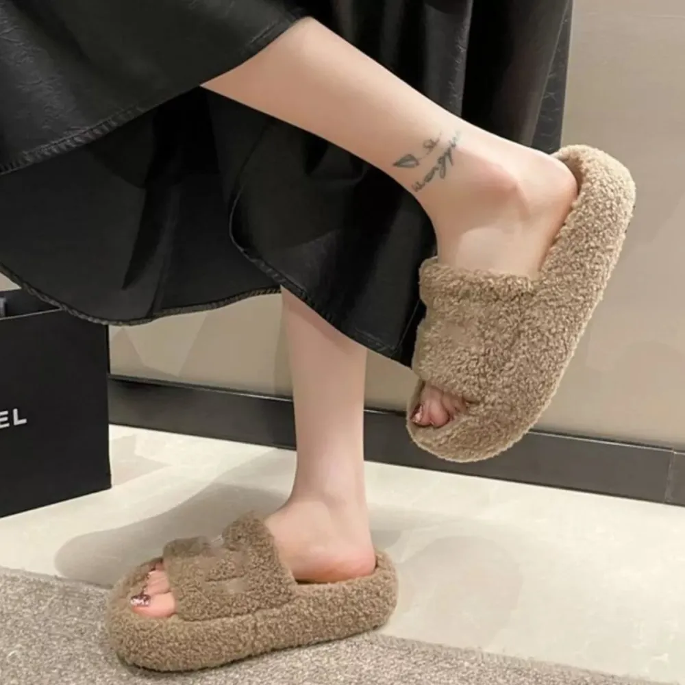Fuzzy Plush Open Toe Slippers