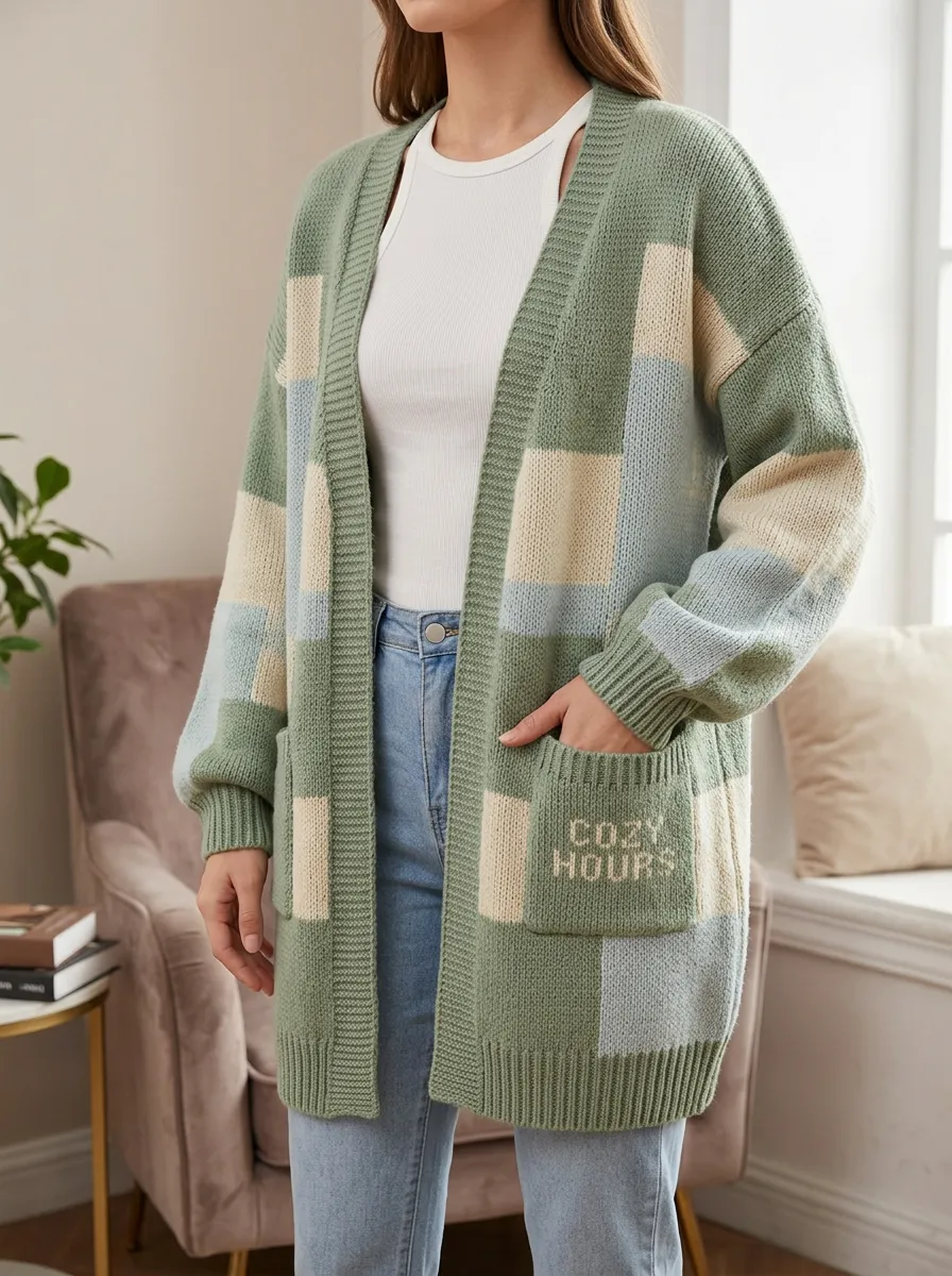Women's Cozy Hours Letter Patchwork Colorblock Knit Long Cardigan