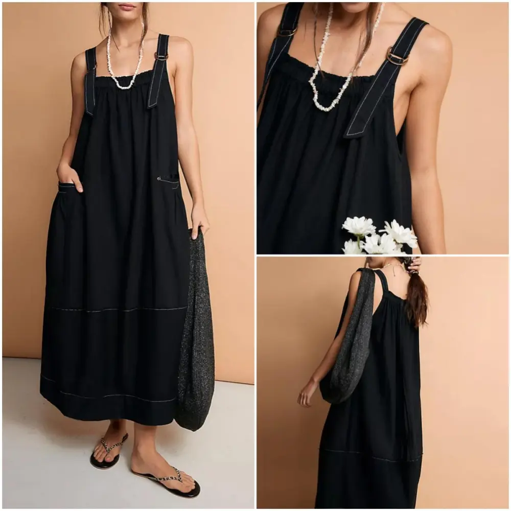 Women's Barrel Midi Dress Sleeveless Strappy Maxi Dress with Big Pockets & Adjustable Straps Minimalist Basic Casual Fall Dress
