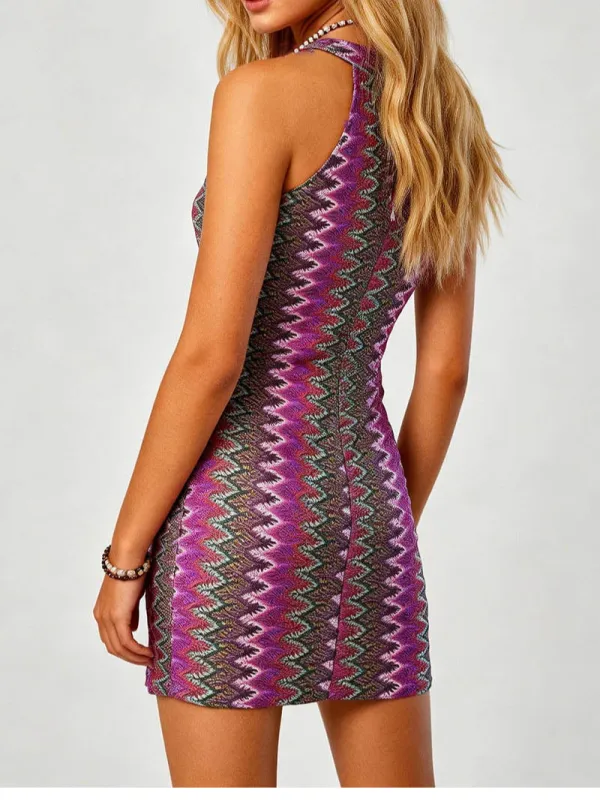Zigzag Knit V Neck Sleeveless Front Bodycon Dress