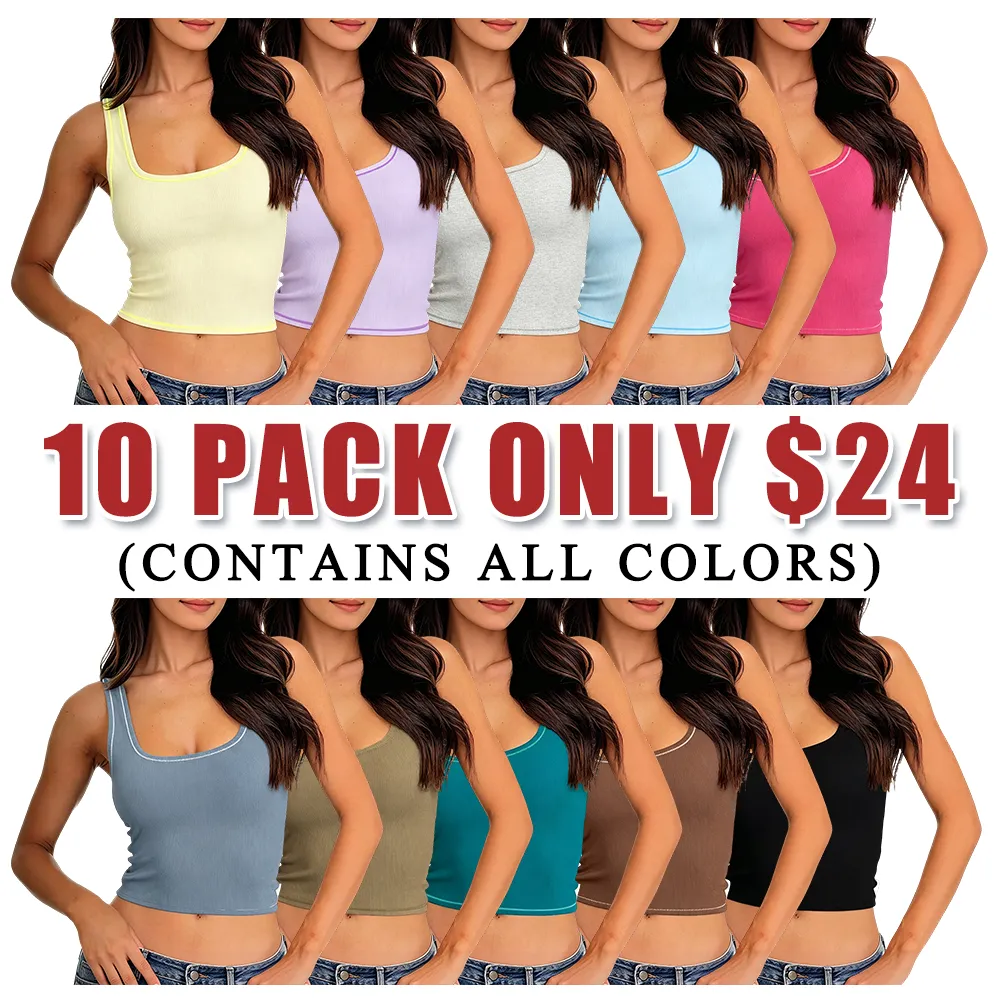 Women Rib Tank Top Padded Workout Top Square Neck Crop Tank