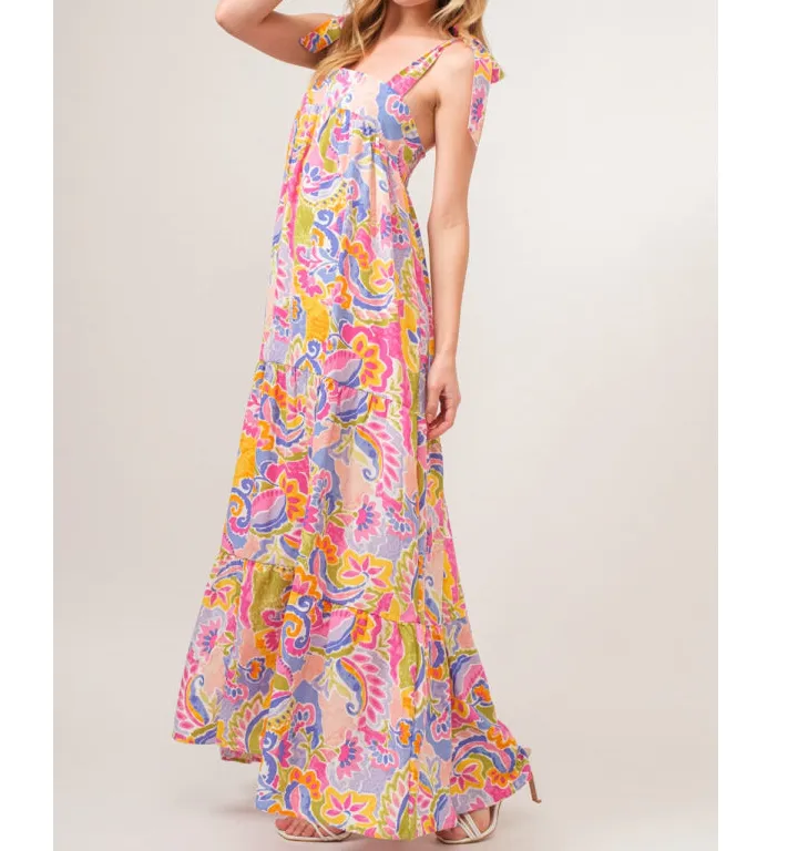 And The Why Full Size Printed Tie Shoulder Tiered Maxi Dress