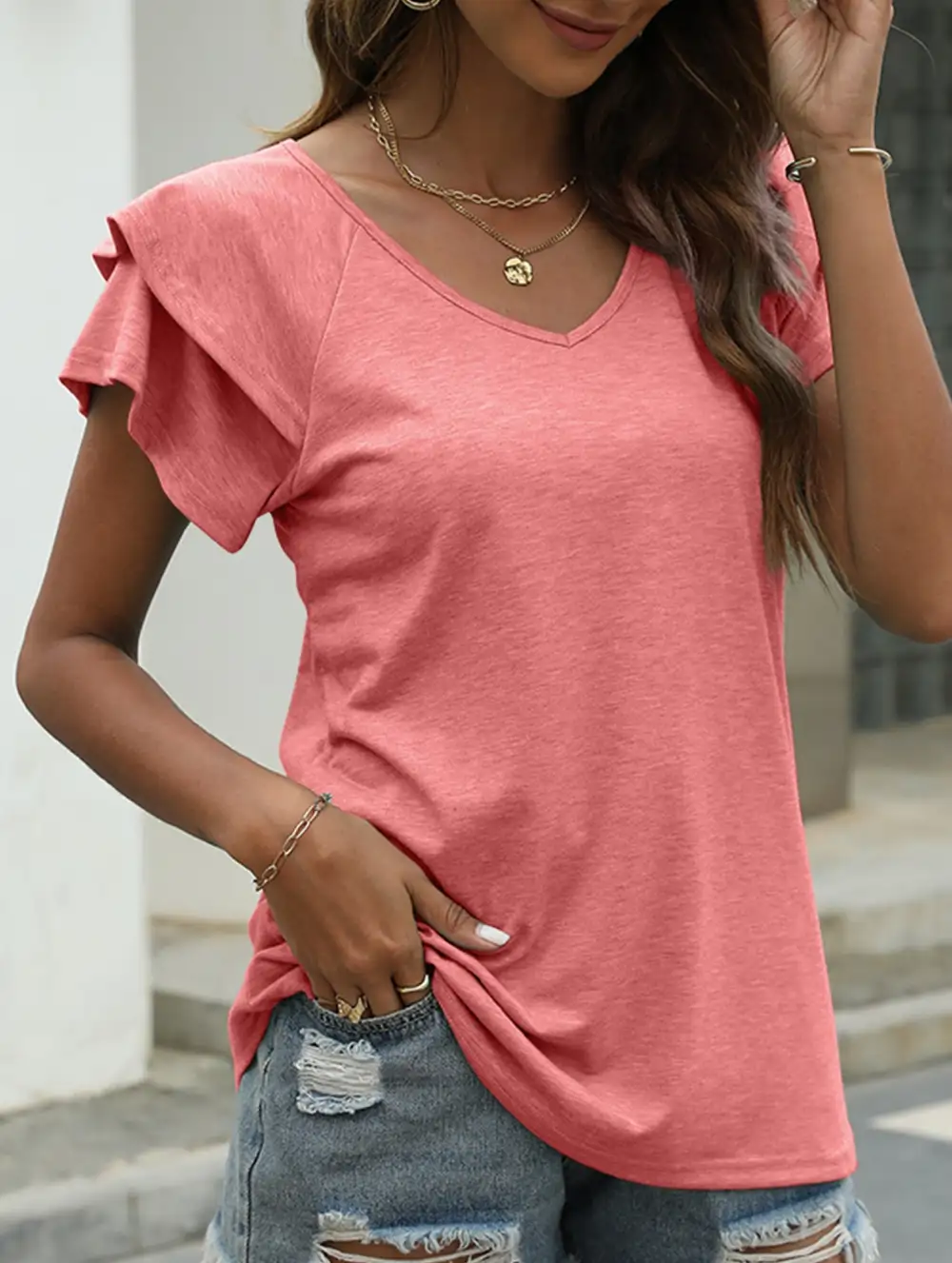 Solid Color V-Neck Ruffle Sleeve T-Shirt