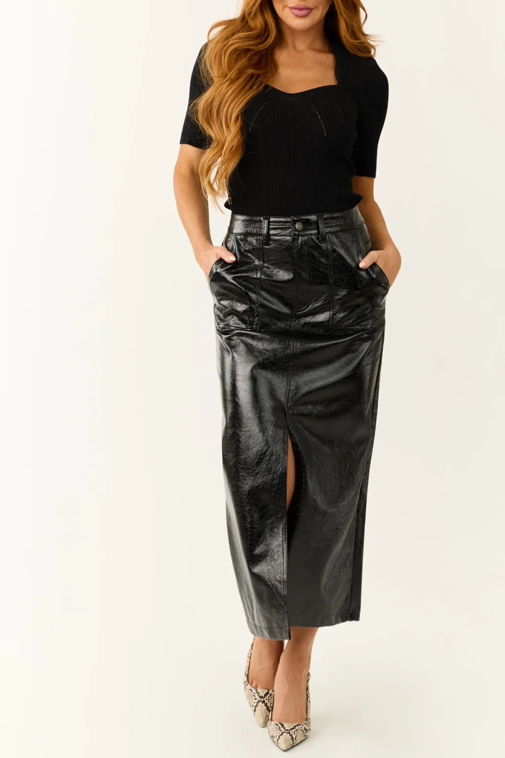 Black Shiny Faux Leather Front Slit Midi Skirt