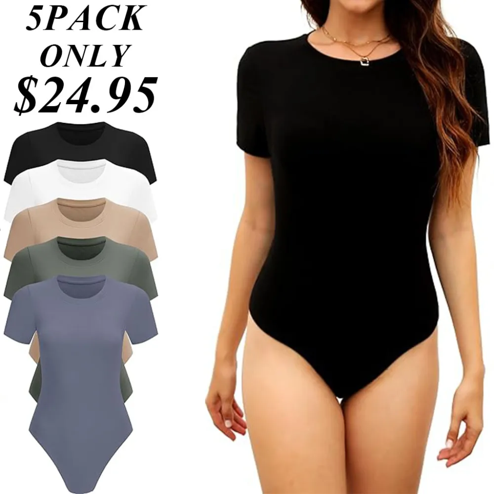 5 Pack Short Sleeve Bodysuits - Women'S Crew Neck T ShirtBodysuits For Daily Casual Wear
