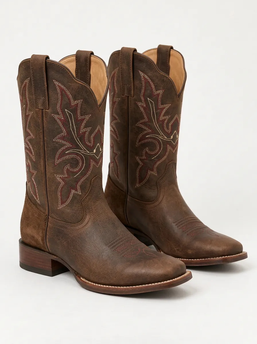 Unisex Brown Cowboy Boots with Printed Embroidered Stitching
