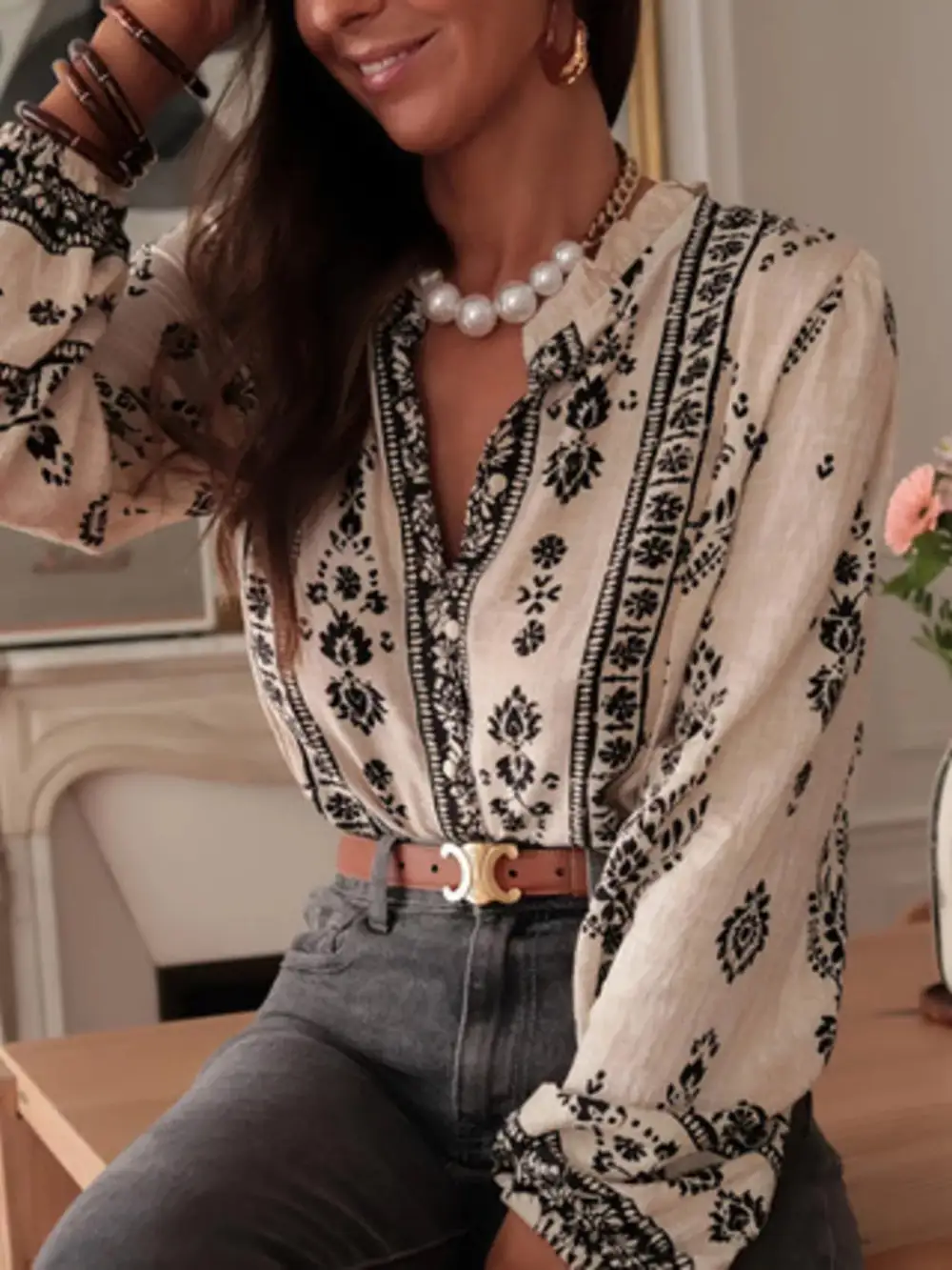 Printed Long Sleeve Blouse