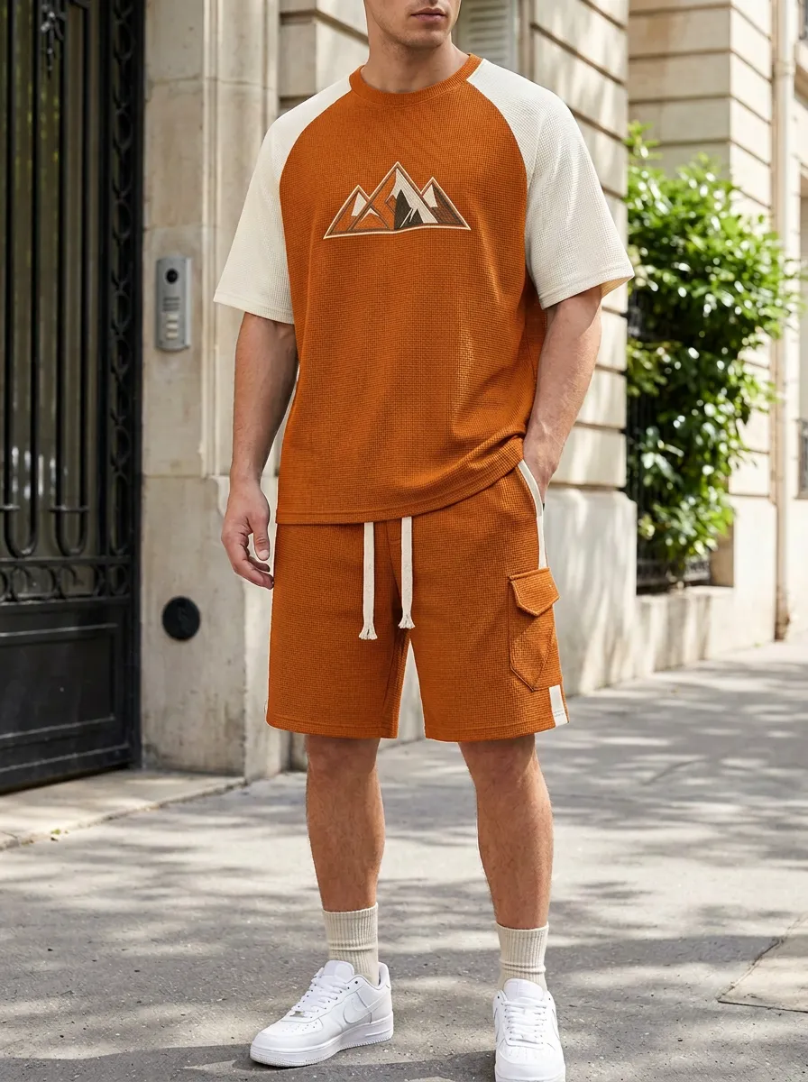 Classic Waffle Texture Mountain Graphic Wardrobe Men's T-Shirt And Shorts Set
