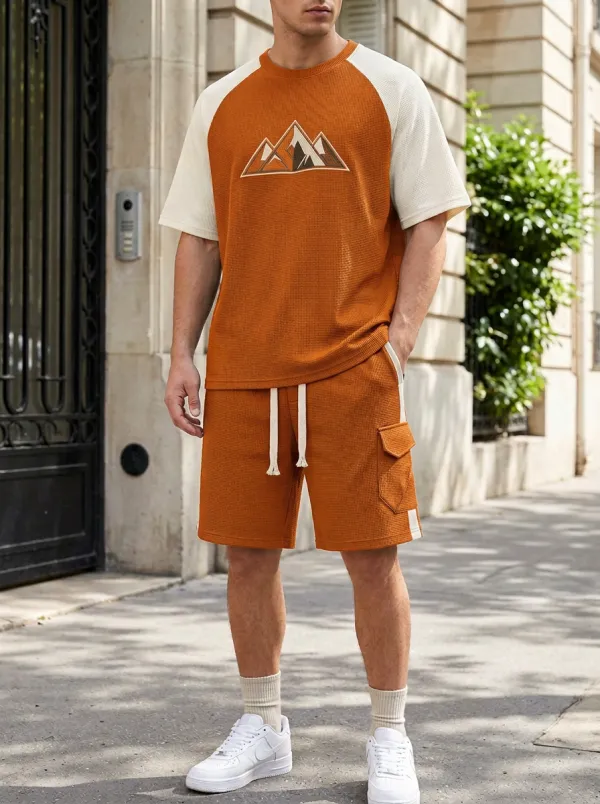 Classic Waffle Texture Mountain Graphic Wardrobe Men's T-Shirt And Shorts Set