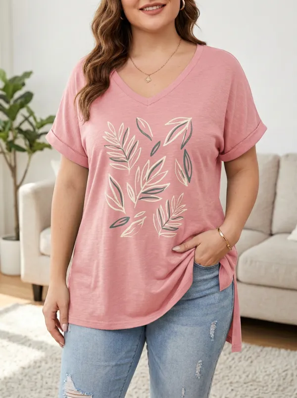Women's Plus Size Olive Green Leaf Print V-Neck T-Shirt