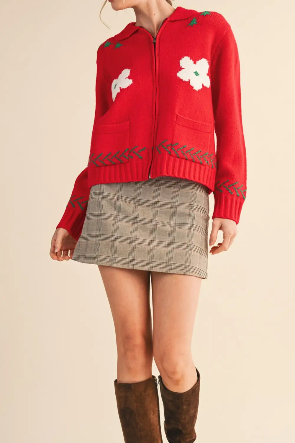 Floral Graphic Zip Front Collared Sweater