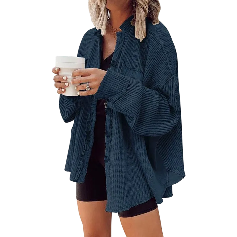 Women's Loose Fit Batwing Sleeve Waffle Knit Button Down Shirt