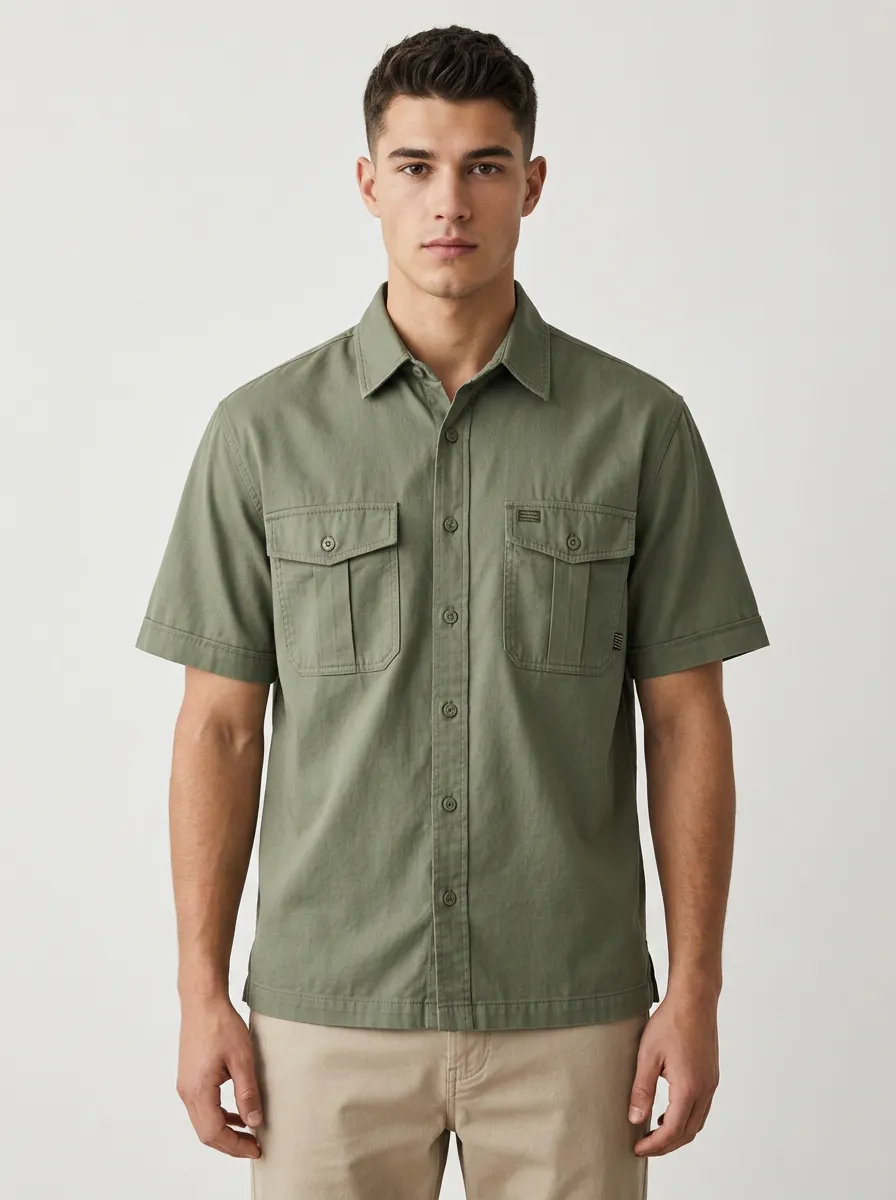 Men's Casual Outdoor Olive Green Double Pocket Short Sleeve Shirt