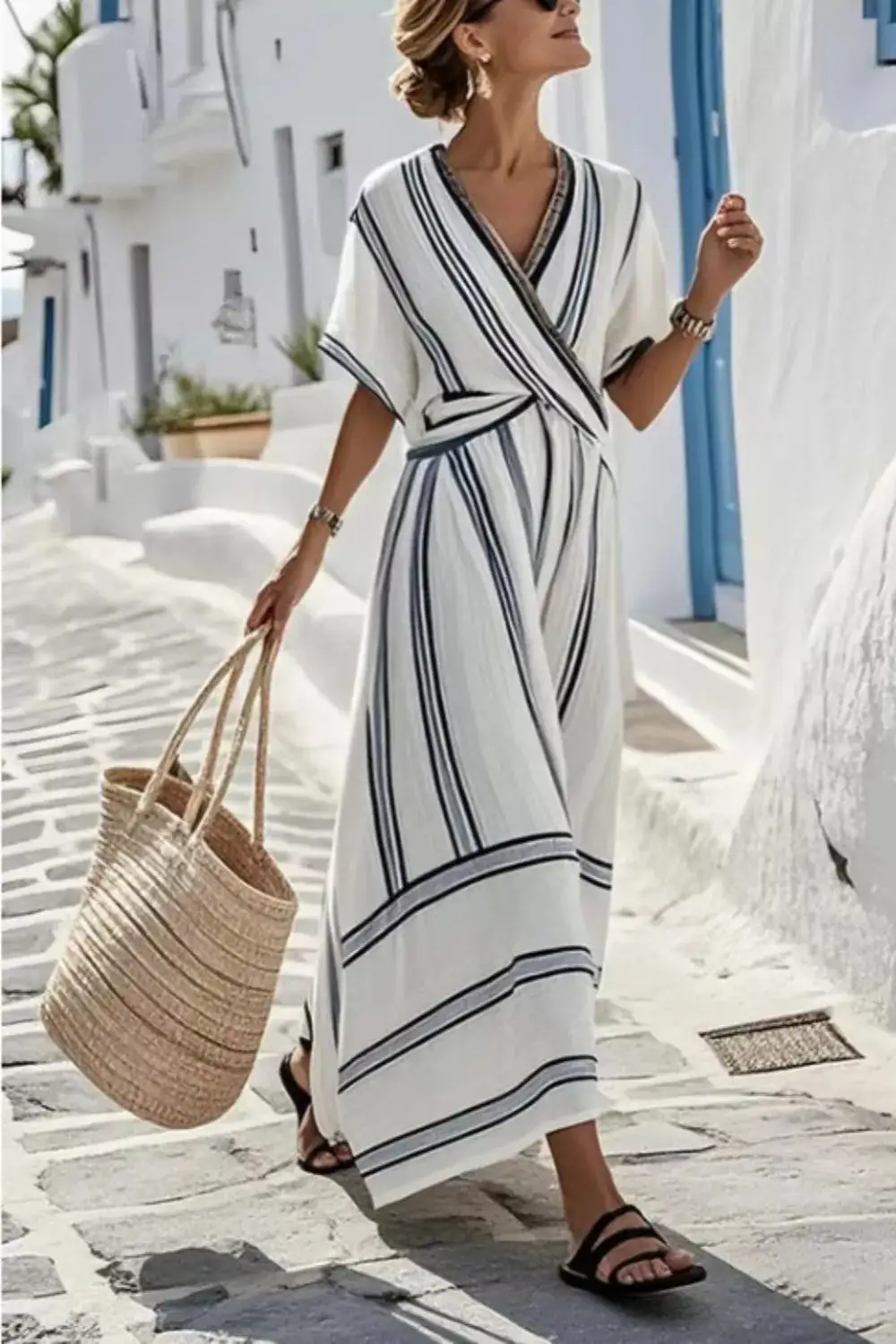 Striped Wrap Short Sleeve Maxi Dress