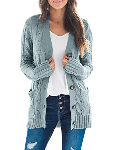 Women's Long Sleeve Cable Knit Sweater Open Front Cardigan Button Loose Outerwear