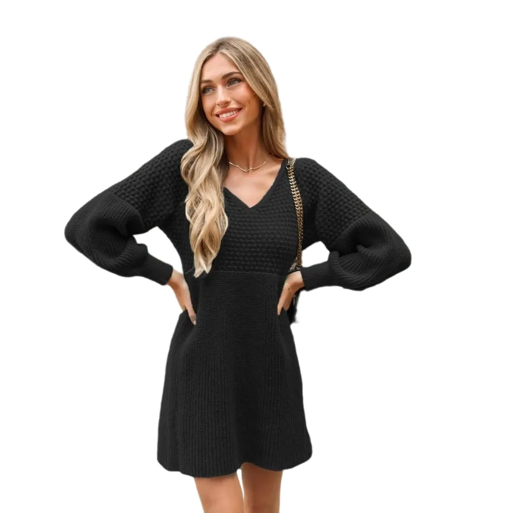 Women's Casual Sweater Dress for Christmas VNeck Honeycomb Long Sleeve Textured Knit Pullover Dresses Womenswear Fall Dress Early Autumn