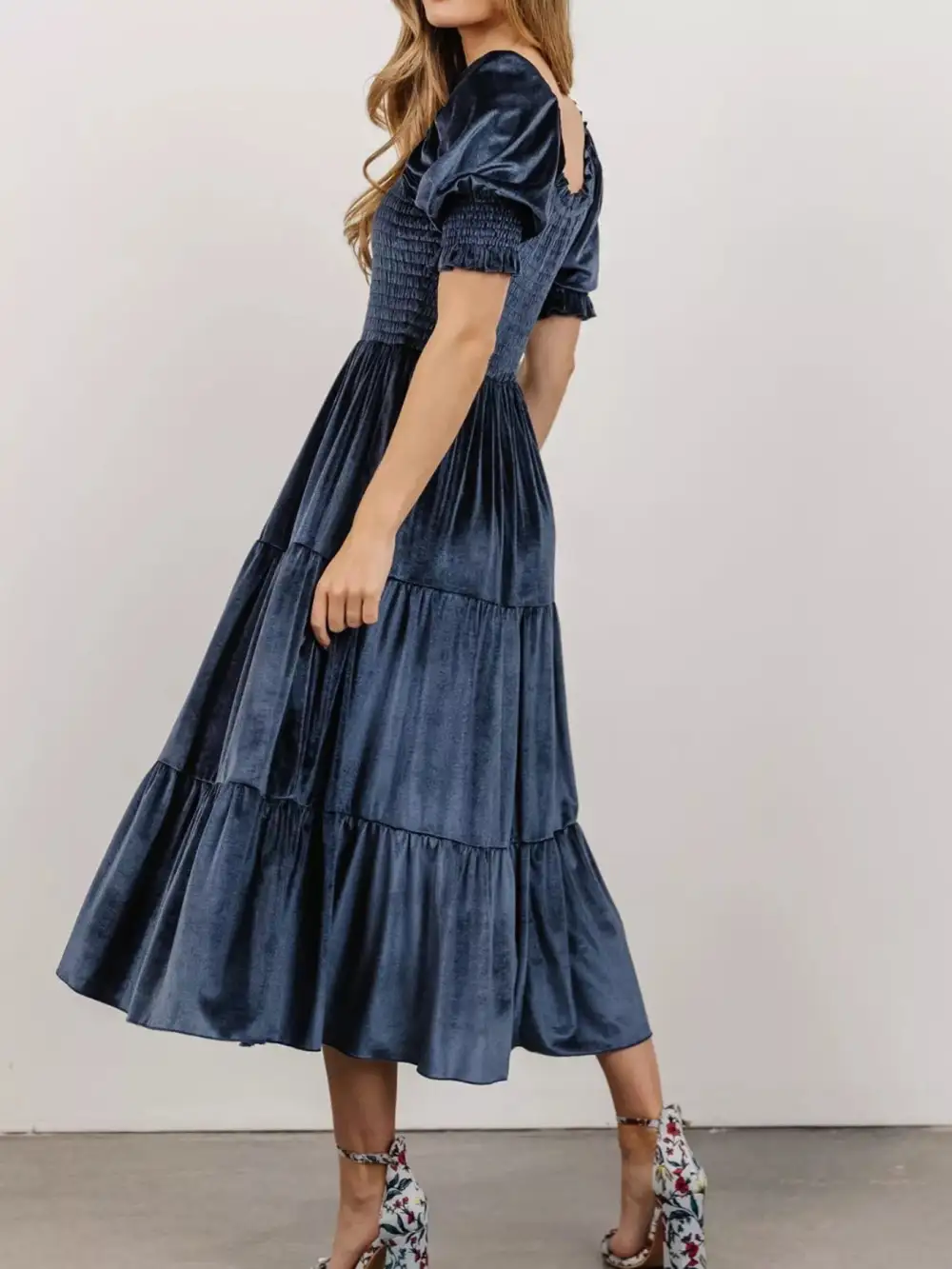 Velvet Tiered Smocked Midi Dress