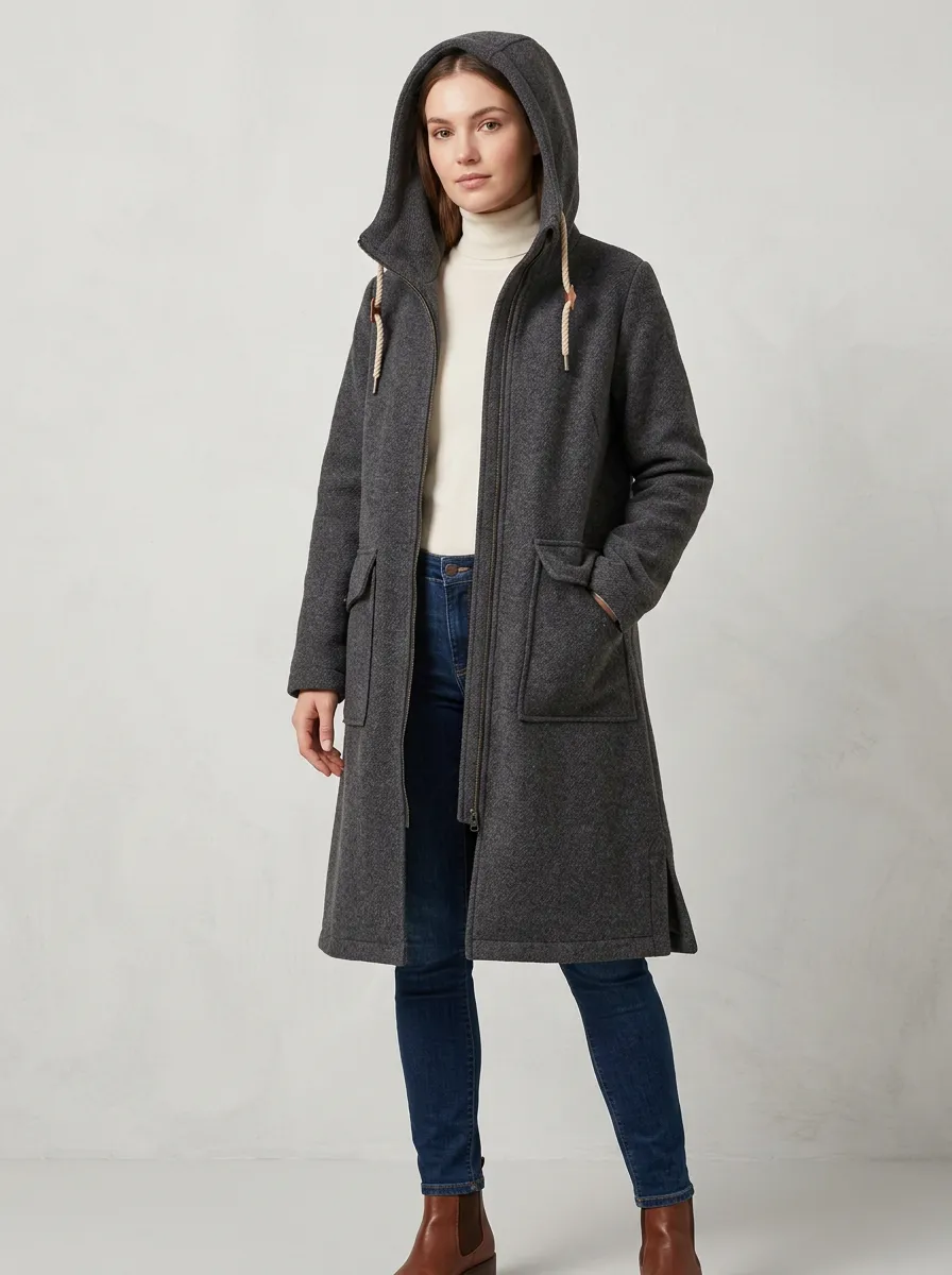 Practical-Layer Woolen Long Hooded Coat
