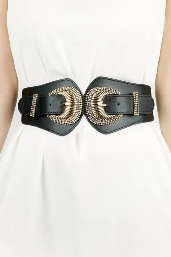 Double-Buckle Elastic Vegan-Leather Wide Waist Belt