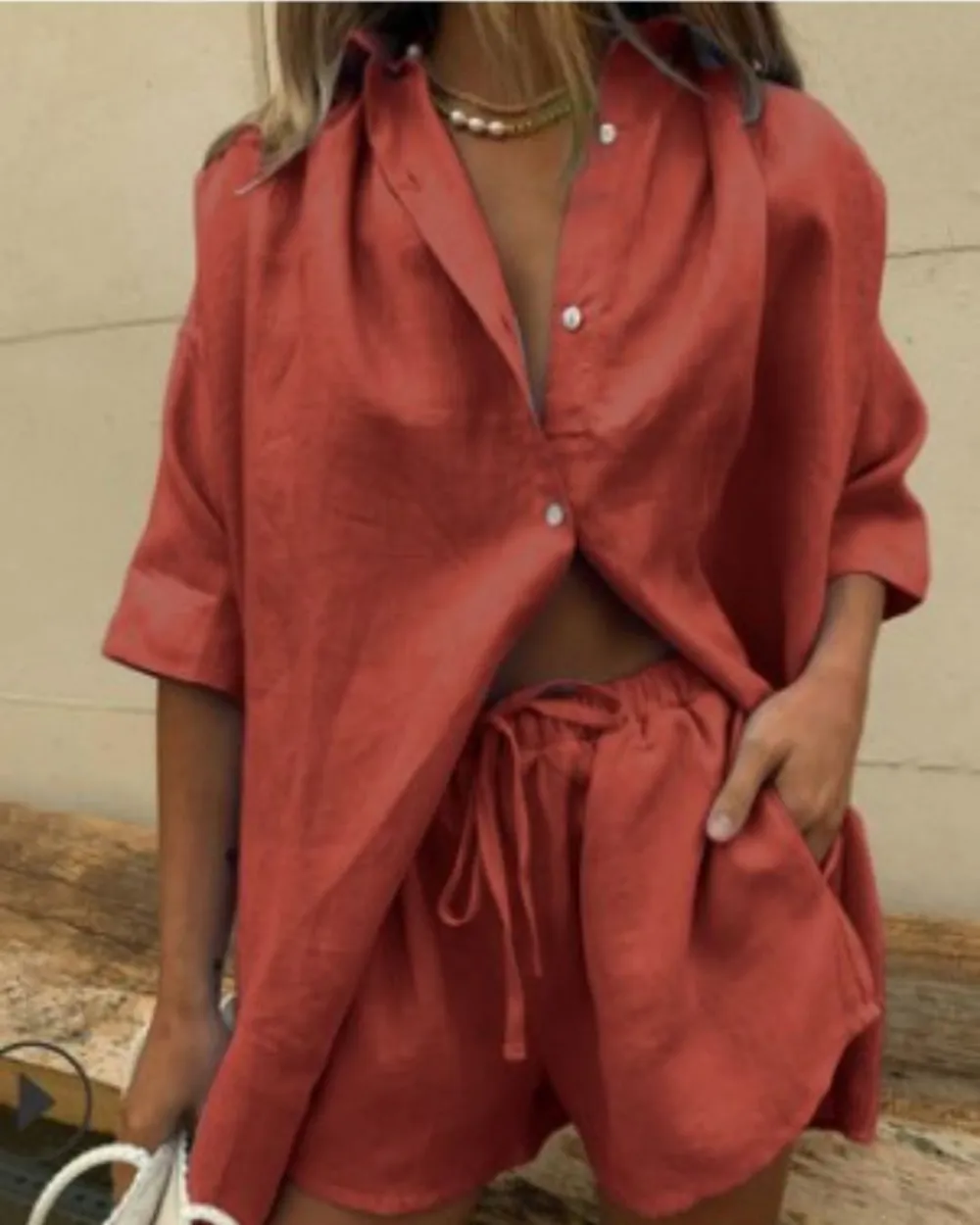 Casual V-Neck Shirt and Shorts Two-Piece Set