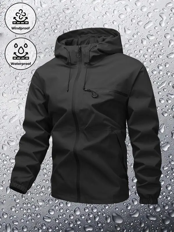 Men's Plain Waterproof Windproof Drawstring Zip Up Hooded Jacket, Casual Long Sleeve Zipper Pocket Design Outerwear for Outdoor Activities, Men's Clothes for All Seasons, Menswear m 65 jacket Stripe Print Baseball Bomber Jacket