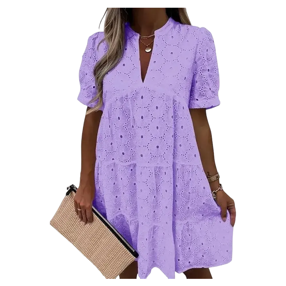 Flowy Lace Dresses Short Sleeve V Neck Tunic Dress