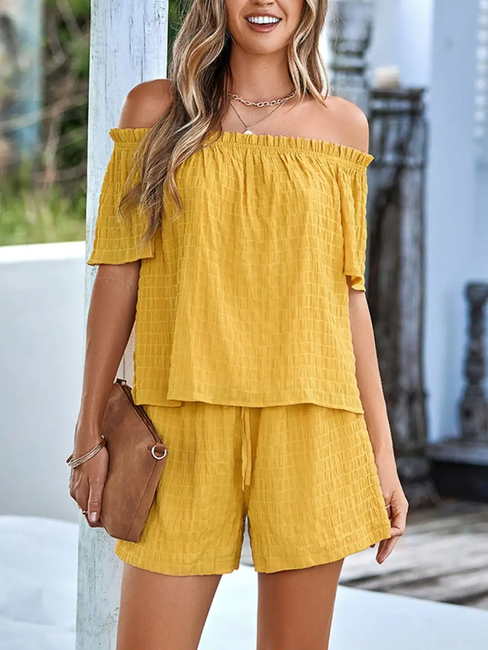 Off Shoulder Short Sleeve Top and Shorts Set