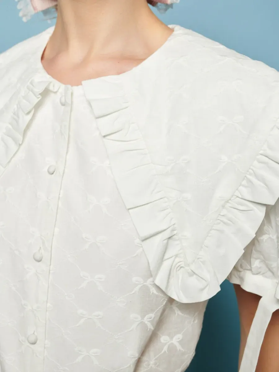 Bow Embroidered Crew Neck Blouse