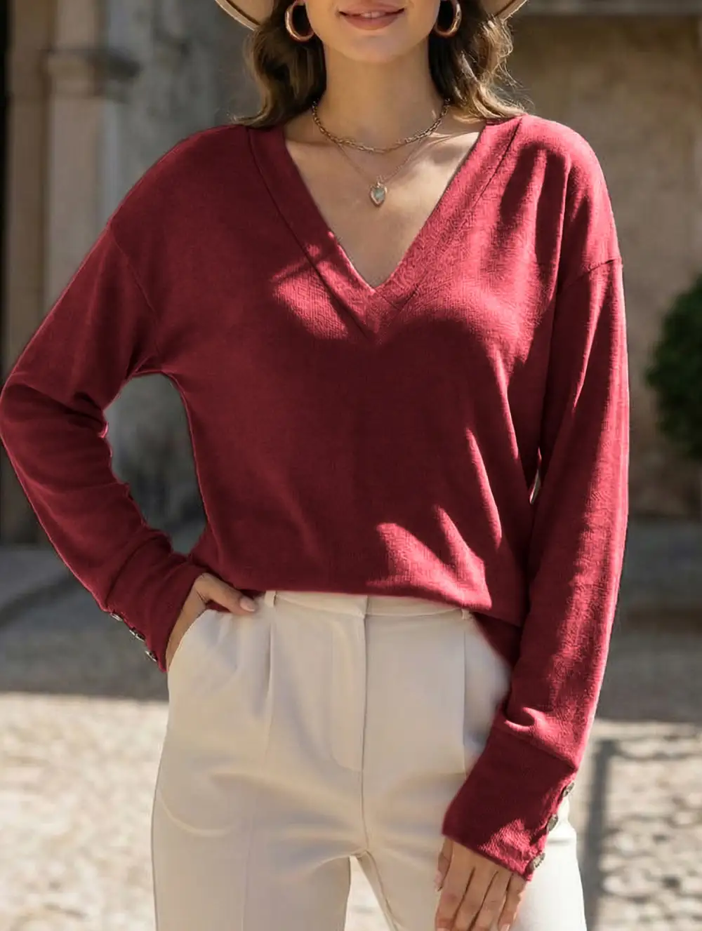 V Neck Button Loose Long Sleeve Tee