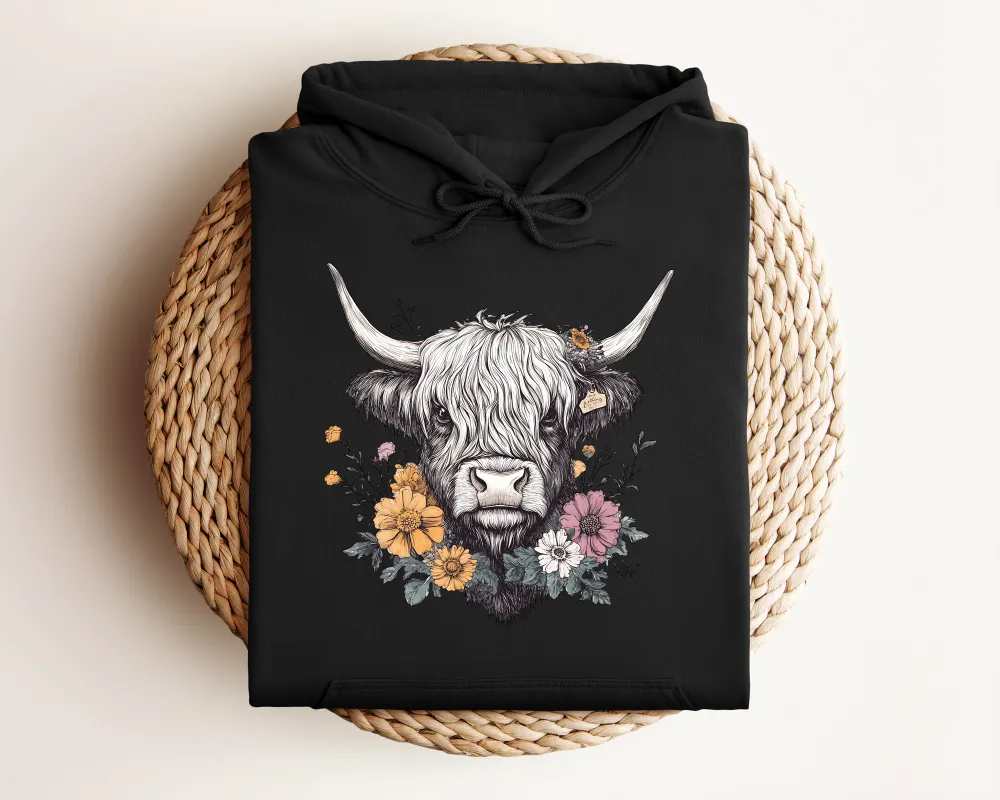 Highland Cow Floral Graphic Pullover Hoodie