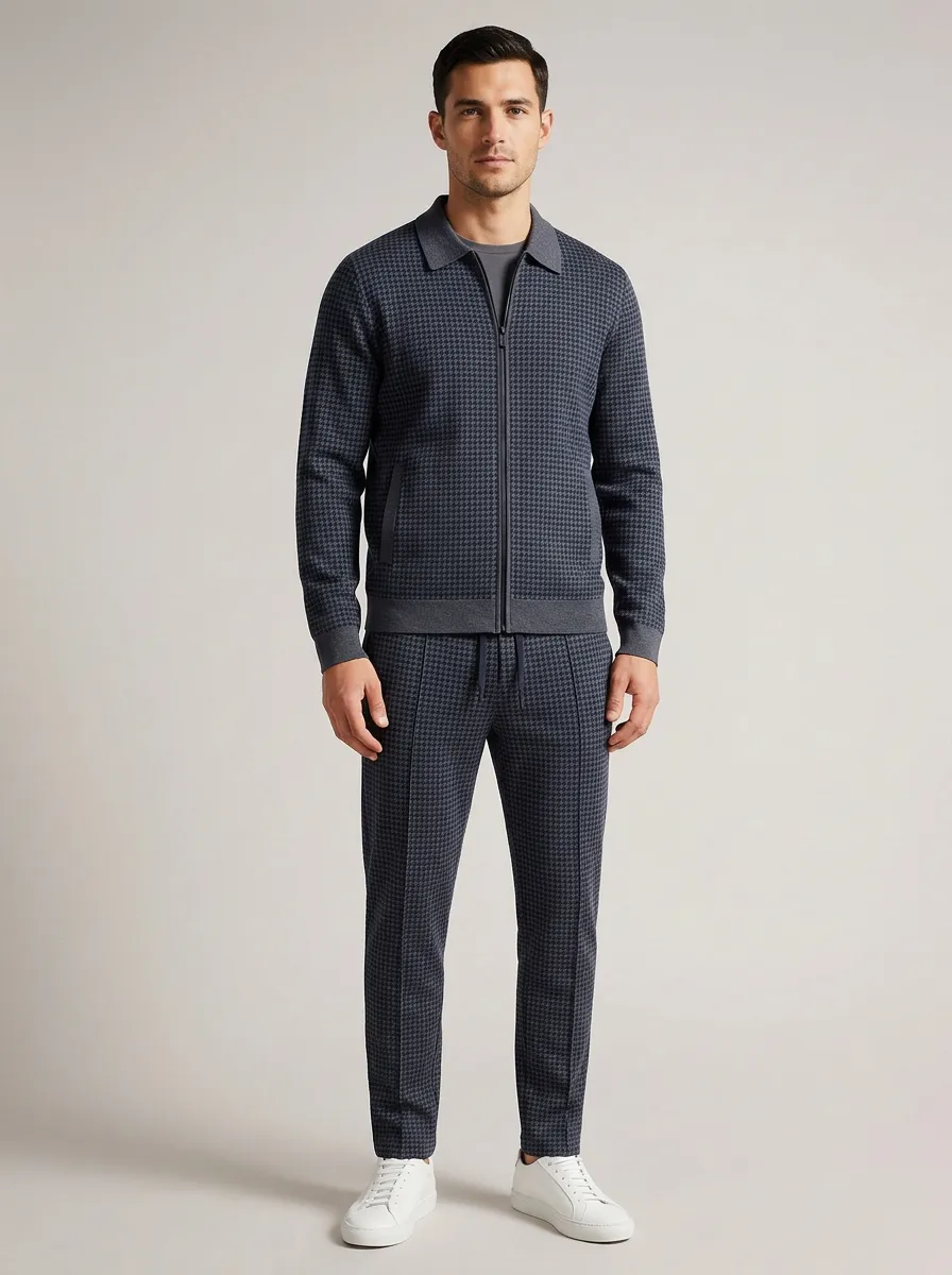 Men's Urban Houndstooth Polo Collar Jacket and Jogger Pants Set