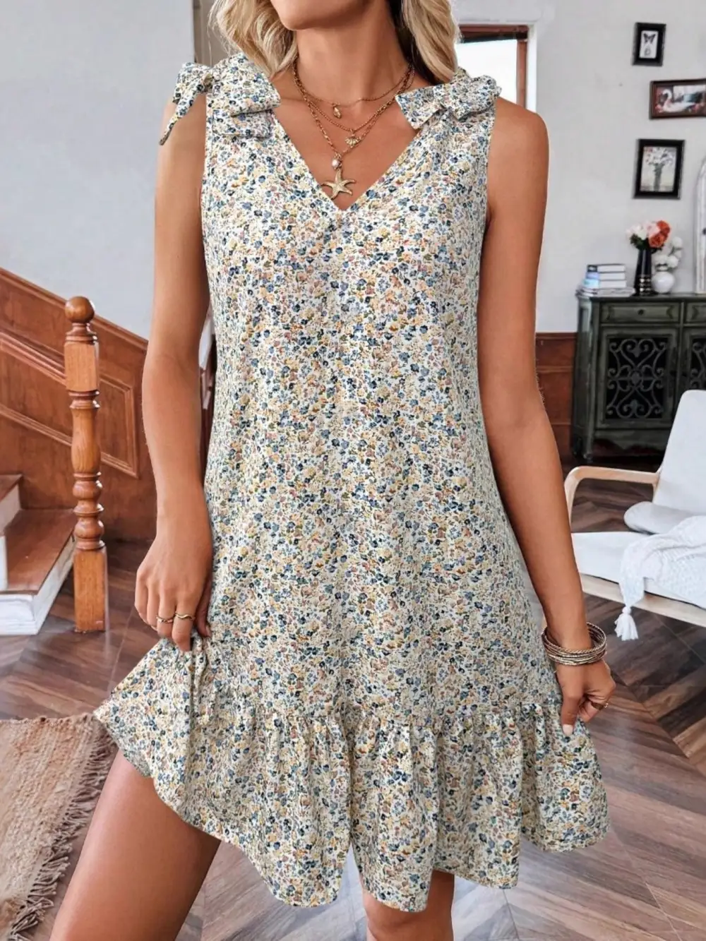 Print Tie Strap Ruffle Hem Mini Dress