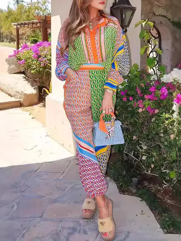 Long Sleeve Lapel Blouse And Pants Set