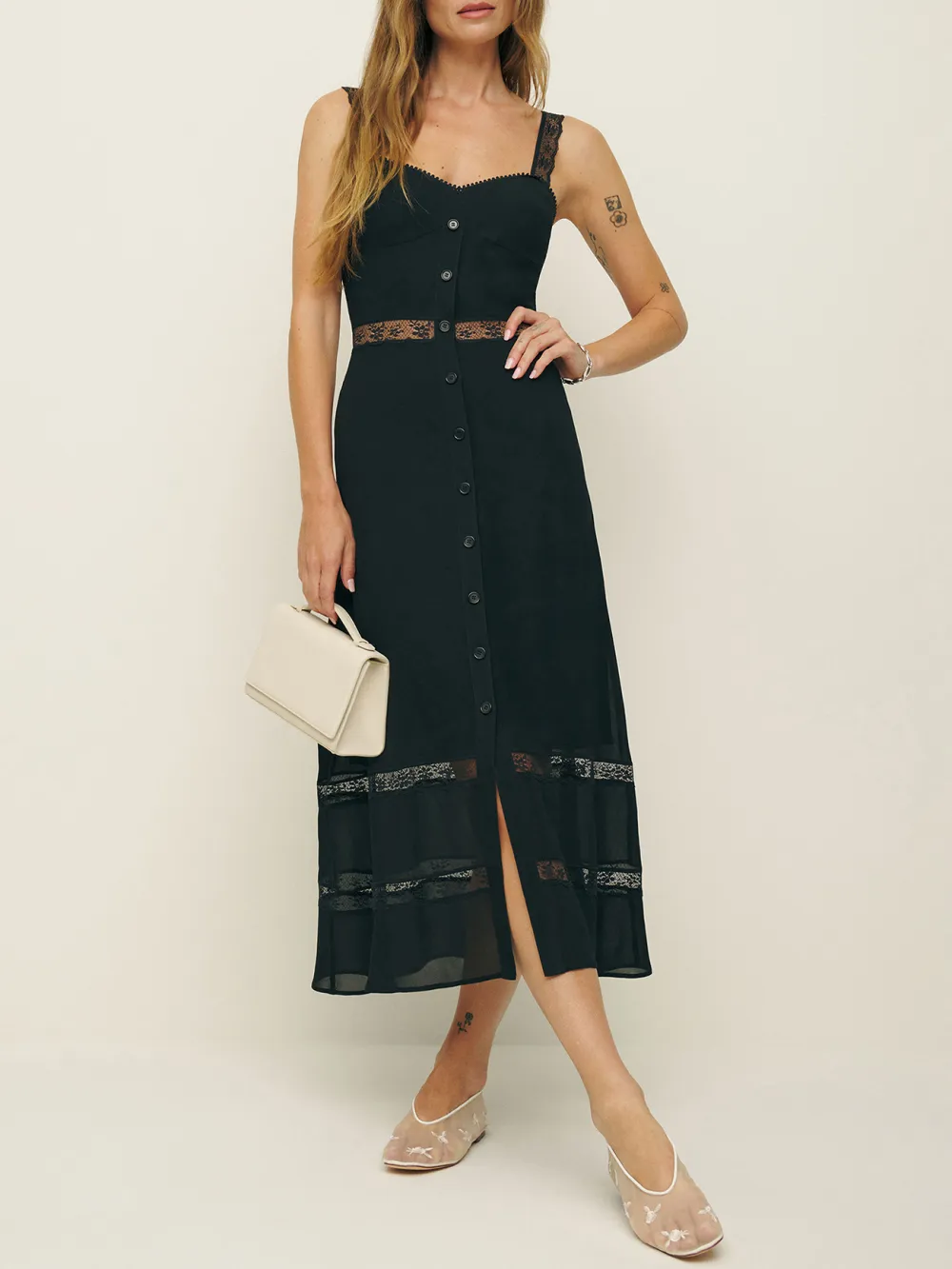 Button Front Lace Insert Sleeveless Midi Dress