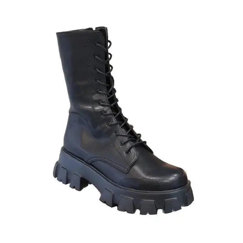Lace-Up Square-Heel Platform Knee-High Boots
