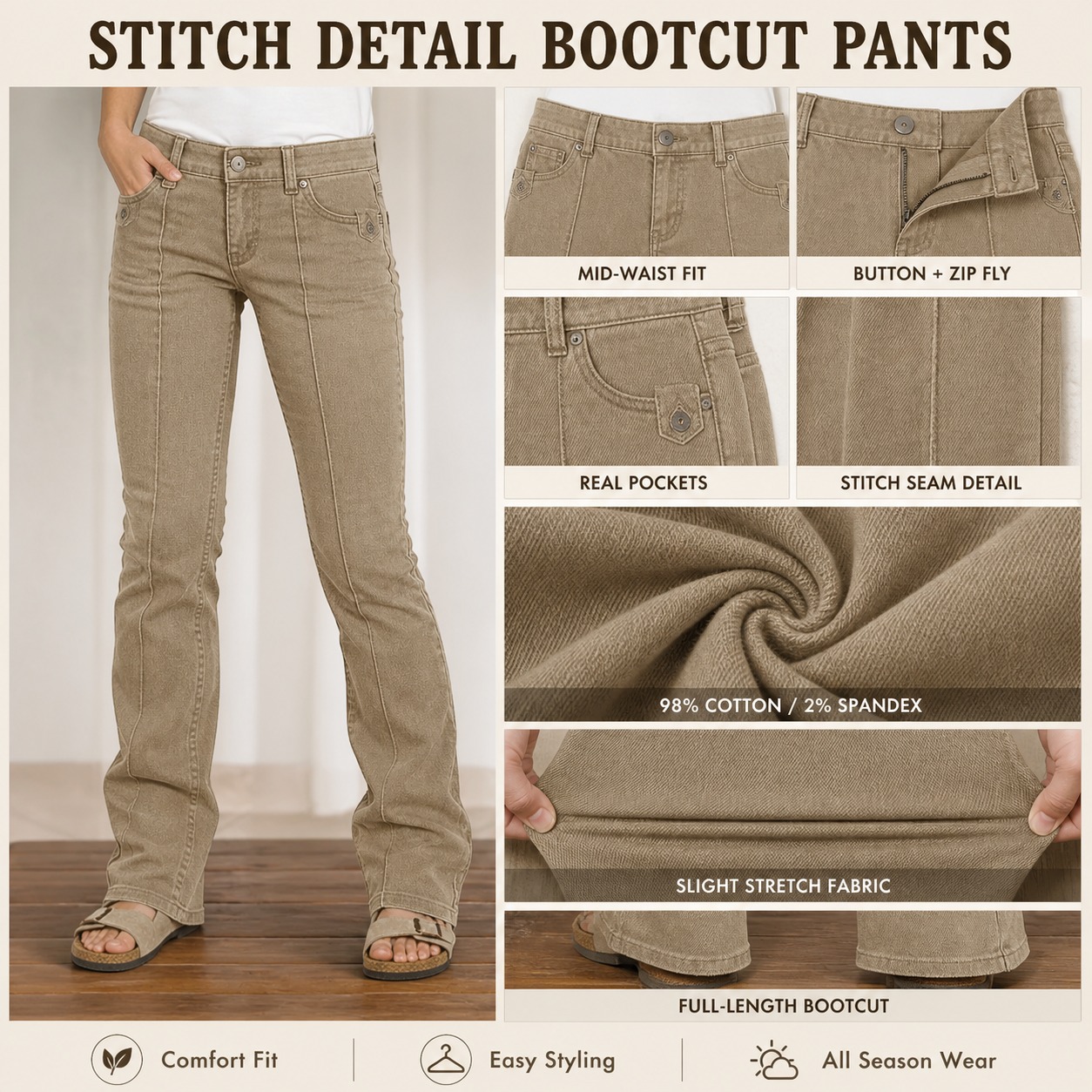Stitch seam pockets button closure and bootcut leg details