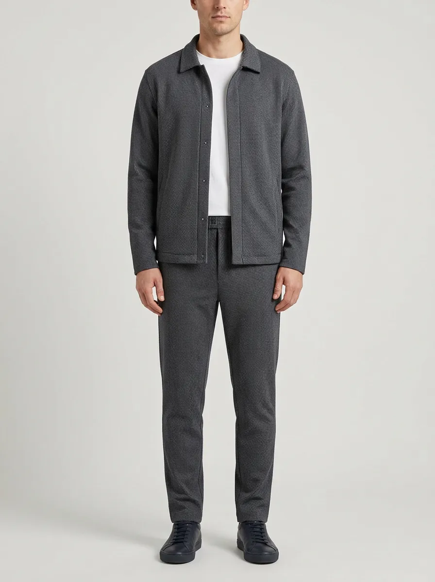 Men's Modern Houndstooth Smart Casual Polo Collar Jacket and Jogger Pants Set