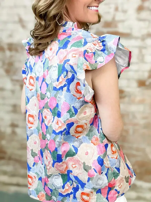 Relaxed V-Neck Ruffled Floral Blouse