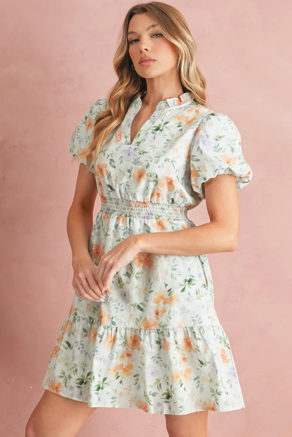Clean Line Floral Printed Smocked Mini Dress