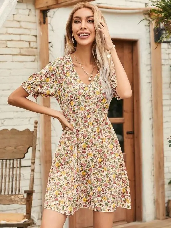 Women V-neck Allover Floral A-line Dress
