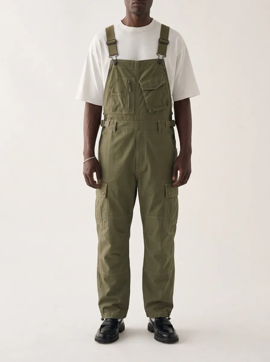Men's Military Style Olive Cargo Multi-Pocket Bib Overalls