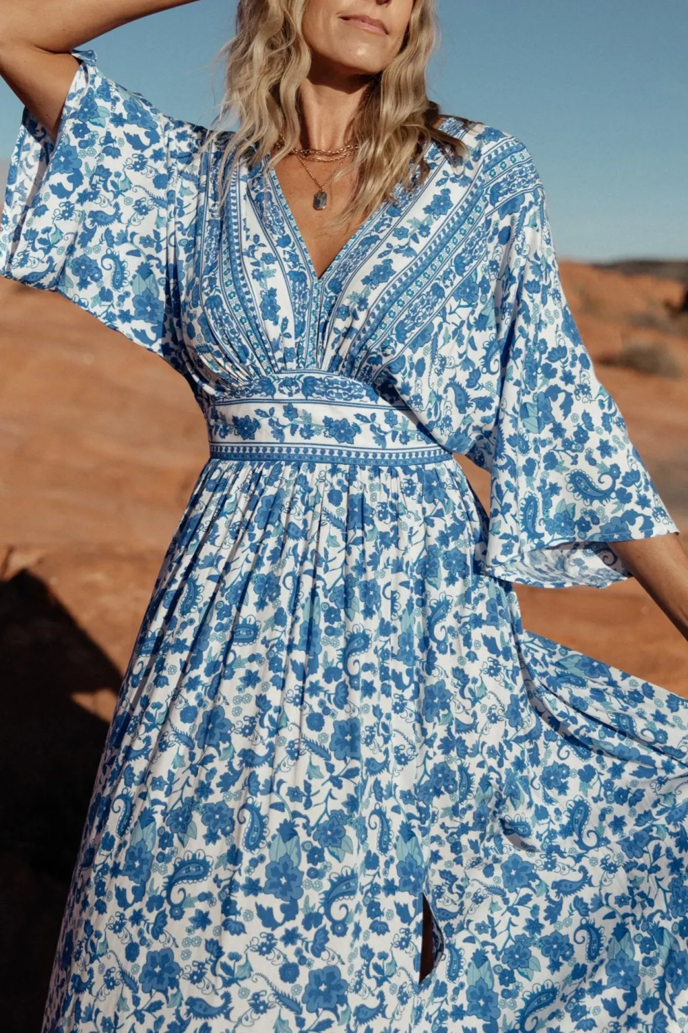 Blue Floral Slit High-Waisted  Dress